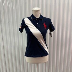 Ralph Lauren Navy Polo with White Diagonal Stripe and Red Pony